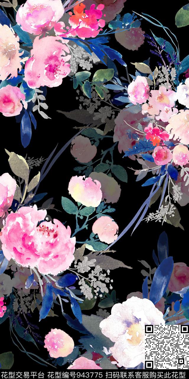 小碎花黑底花卉手绘花卉数码印花华亿平台下载（图片编号: 943775） - 瓦栏（Walan）