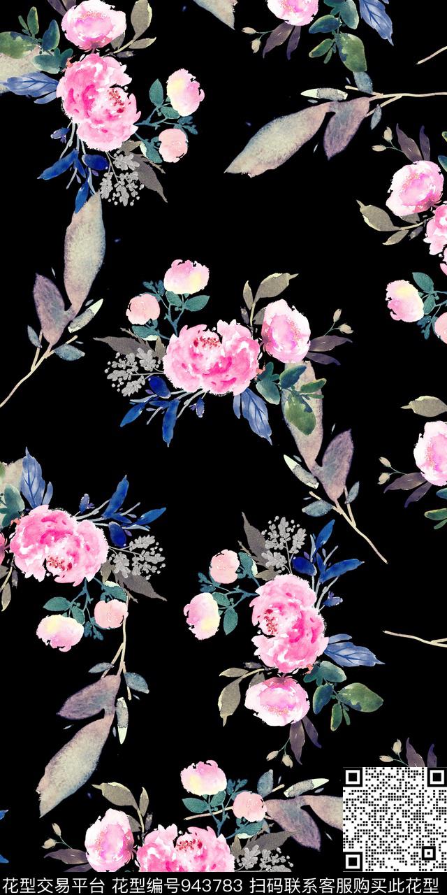 小碎花黑底花卉手绘花卉数码印花华亿平台下载（图片编号: 943783） - 瓦栏（Walan）