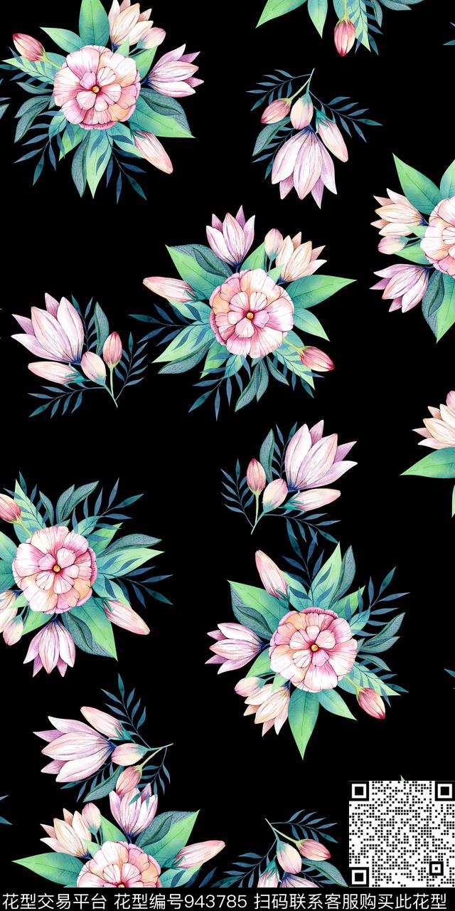 小碎花黑底花卉手绘花卉数码印花华亿平台下载（图片编号: 943785） - 瓦栏（Walan）