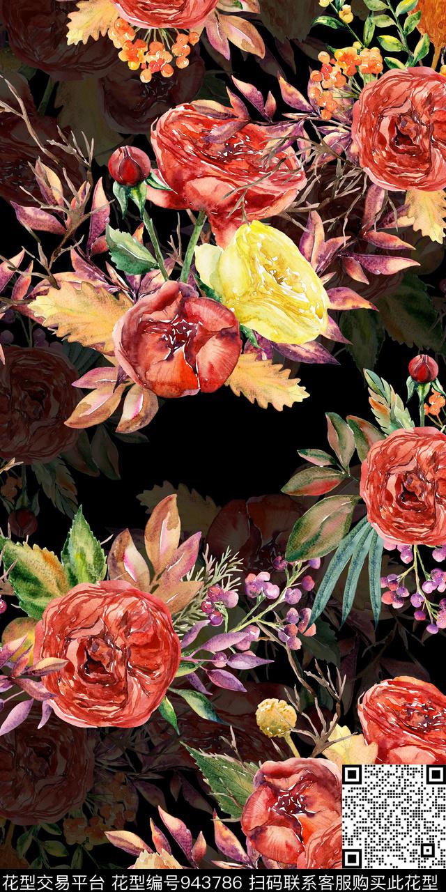 小碎花黑底花卉手绘花卉数码印花华亿平台下载（图片编号: 943786） - 瓦栏（Walan）