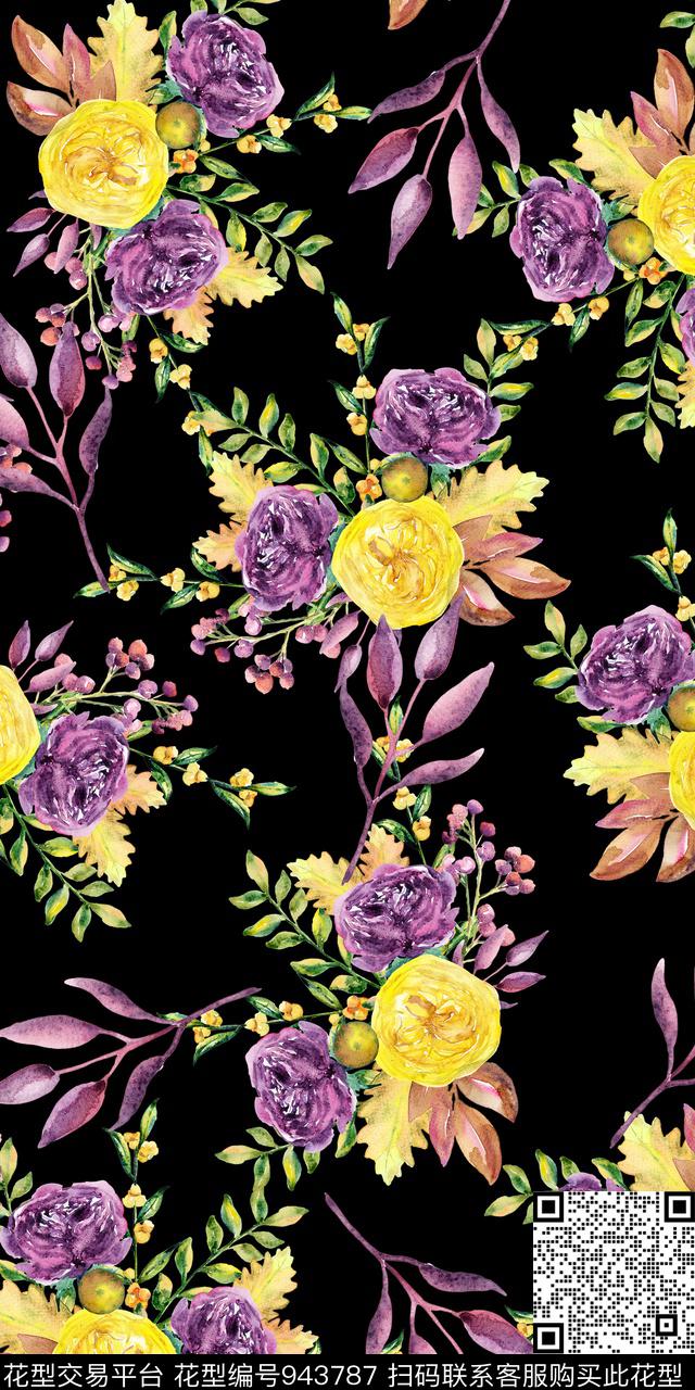 小碎花黑底花卉手绘花卉数码印花华亿平台下载（图片编号: 943787） - 瓦栏（Walan）