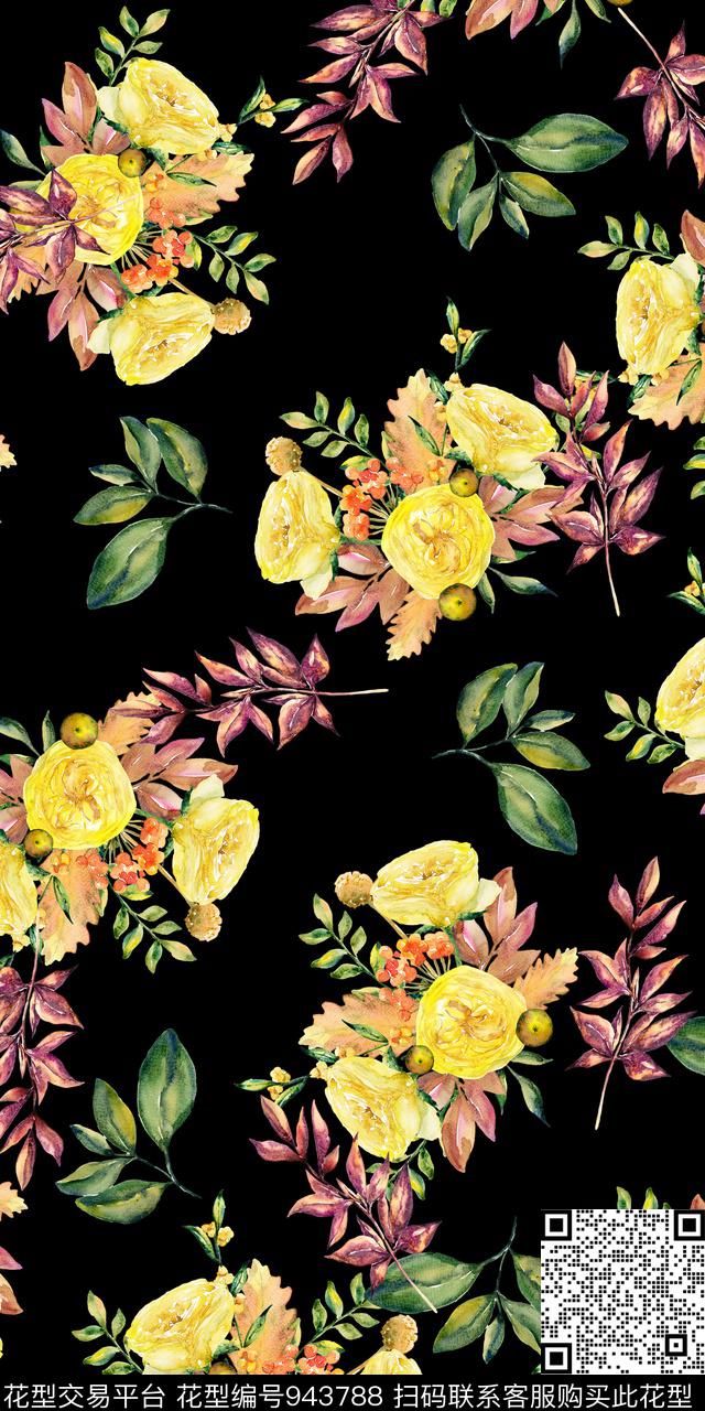 小碎花黑底花卉手绘花卉数码印花华亿平台下载（图片编号: 943788） - 瓦栏（Walan）