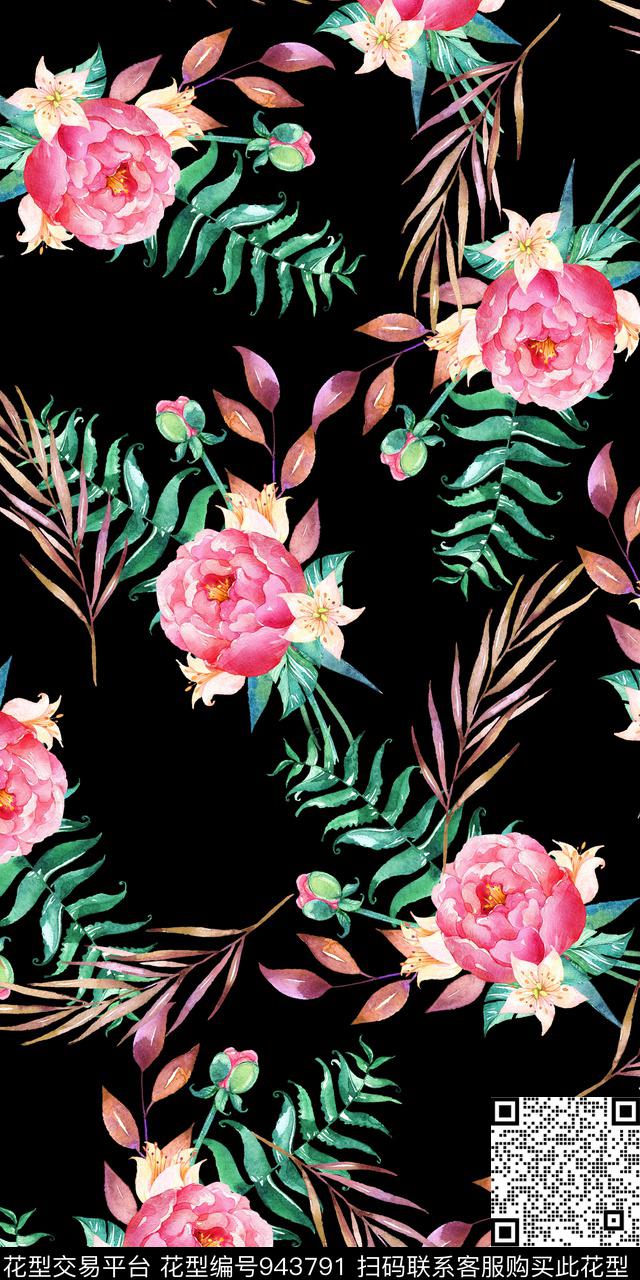 小碎花黑底花卉手绘花卉数码印花华亿平台下载（图片编号: 943791） - 瓦栏（Walan）