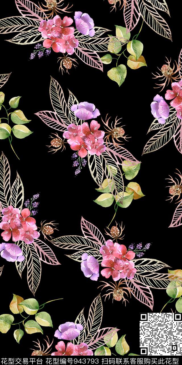 小碎花黑底花卉手绘花卉数码印花华亿平台下载（图片编号: 943793） - 瓦栏（Walan）