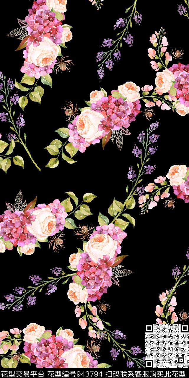 小碎花黑底花卉手绘花卉数码印花华亿平台下载（图片编号: 943794） - 瓦栏（Walan）