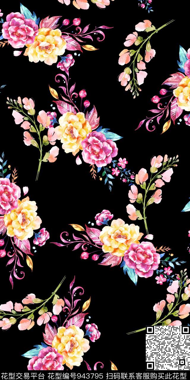 小碎花黑底花卉手绘花卉数码印花华亿平台下载（图片编号: 943795） - 瓦栏（Walan）