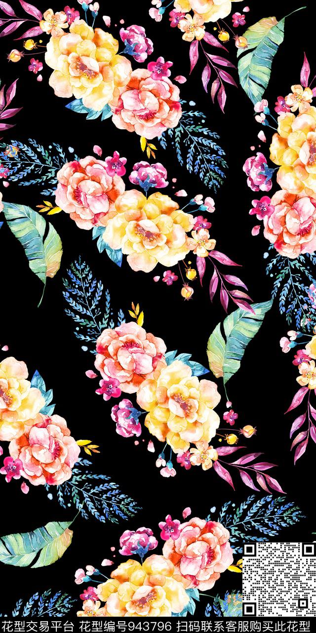 小碎花黑底花卉手绘花卉数码印花华亿平台下载（图片编号: 943796） - 瓦栏（Walan）