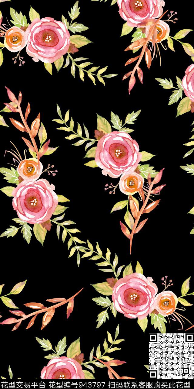 小碎花黑底花卉手绘花卉数码印花华亿平台下载（图片编号: 943797） - 瓦栏（Walan）