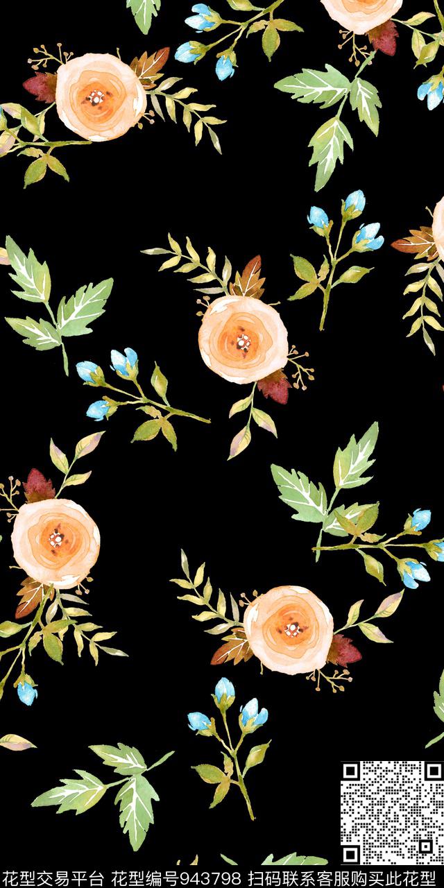 小碎花黑底花卉手绘花卉数码印花华亿平台下载（图片编号: 943798） - 瓦栏（Walan）