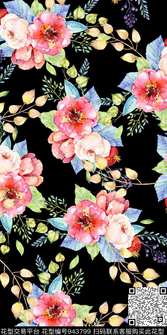 小碎花黑底花卉手绘花卉数码印花华亿平台下载（图片编号: 943799） - 瓦栏（Walan）