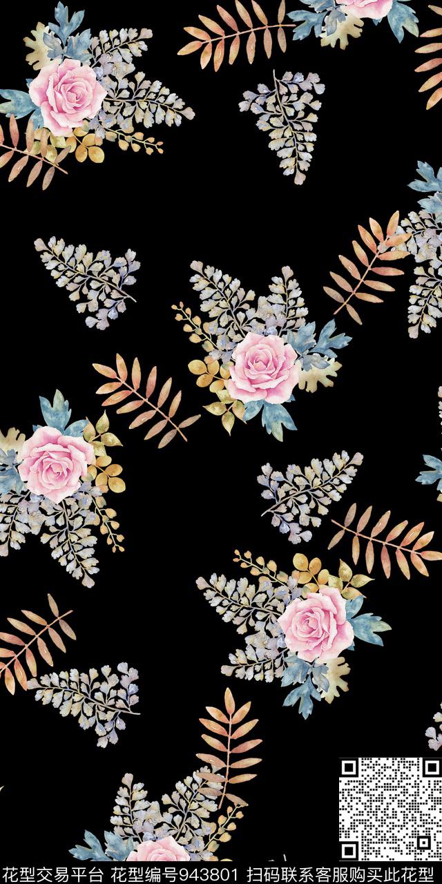 小碎花黑底花卉手绘花卉数码印花华亿平台下载（图片编号: 943801） - 瓦栏（Walan）