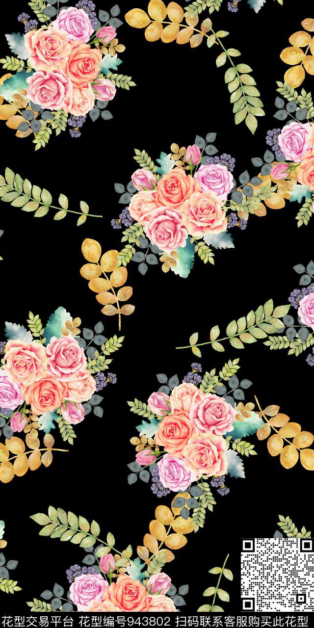 小碎花黑底花卉手绘花卉数码印花华亿平台下载（图片编号: 943802） - 瓦栏（Walan）