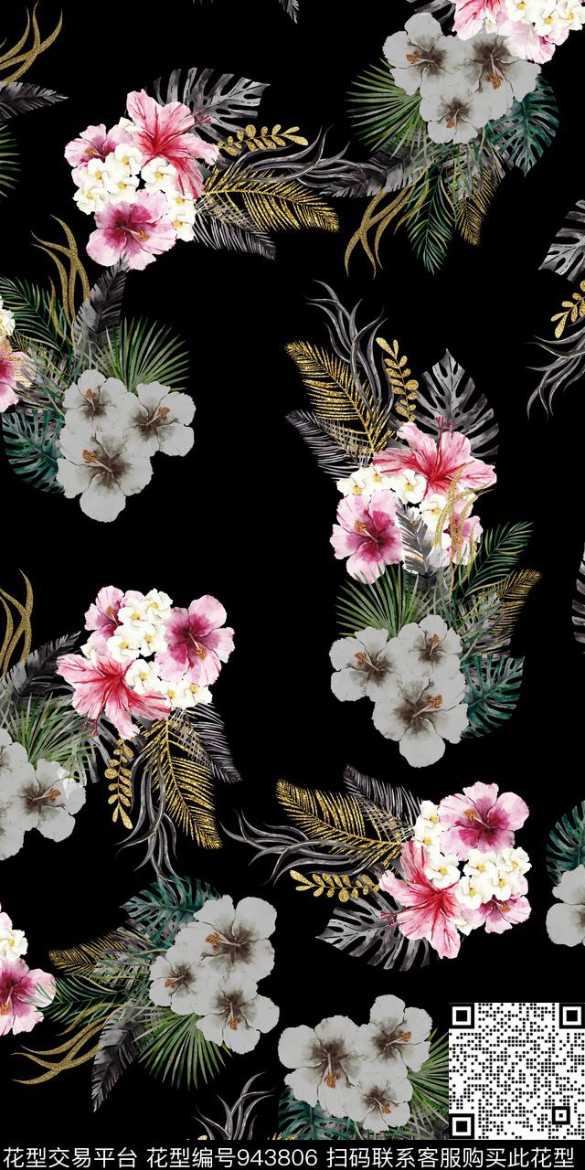 小碎花黑底花卉手绘花卉数码印花华亿平台下载（图片编号: 943806） - 瓦栏（Walan）