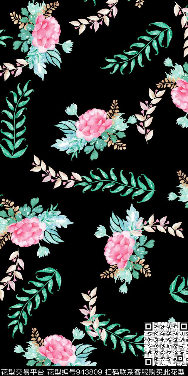 小碎花黑底花卉手绘花卉数码印花华亿平台下载（图片编号: 943809） - 瓦栏（Walan）