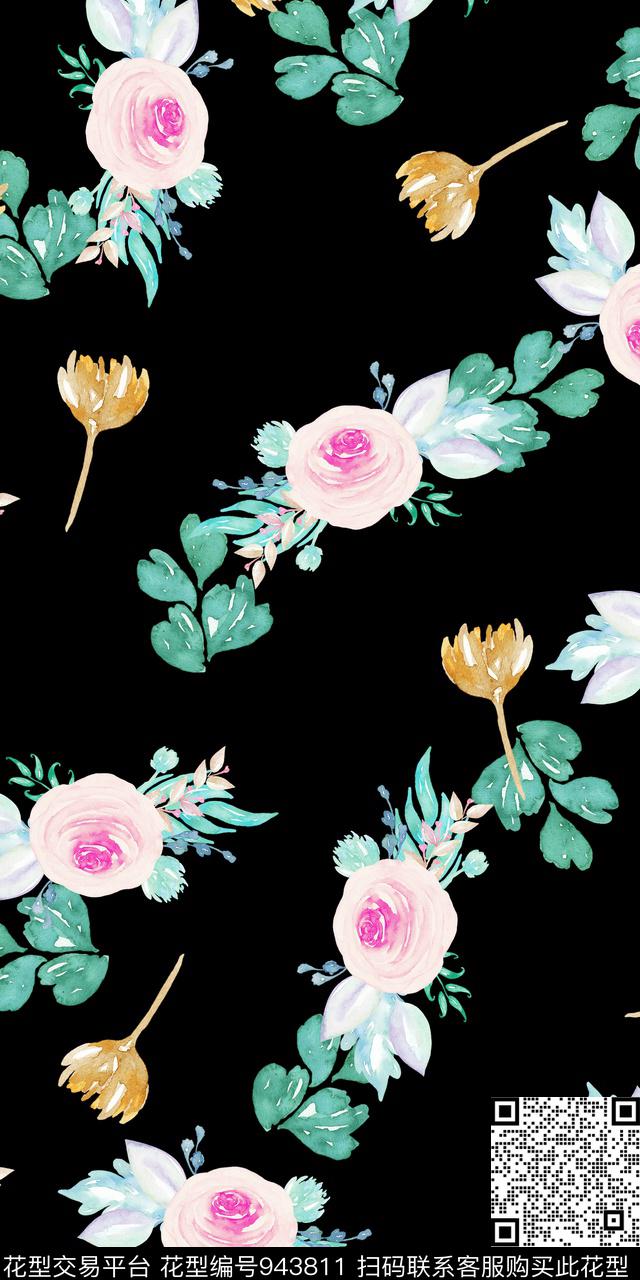 小碎花黑底花卉手绘花卉数码印花华亿平台下载（图片编号: 943811） - 瓦栏（Walan）