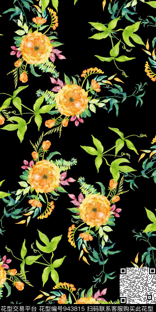 小碎花黑底花卉手绘花卉数码印花华亿平台下载（图片编号: 943815） - 瓦栏（Walan）