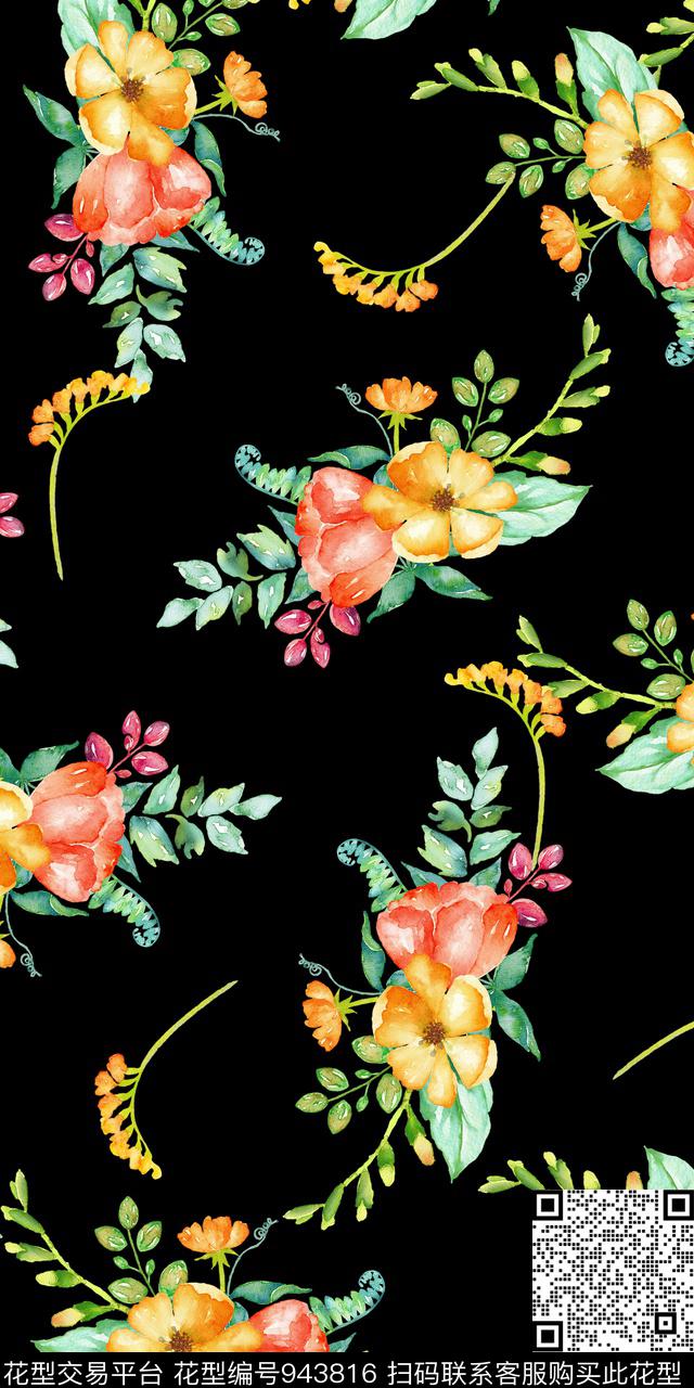 小碎花黑底花卉手绘花卉数码印花华亿平台下载（图片编号: 943816） - 瓦栏（Walan）