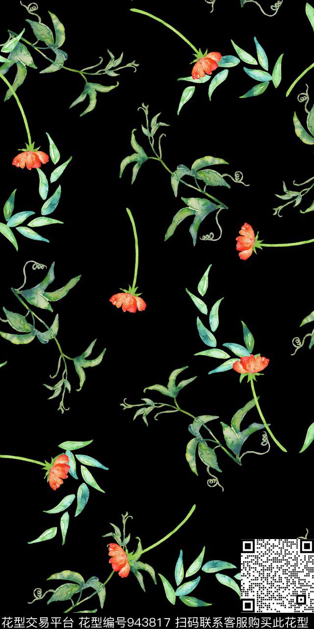 小碎花黑底花卉手绘花卉数码印花华亿平台下载（图片编号: 943817） - 瓦栏（Walan）