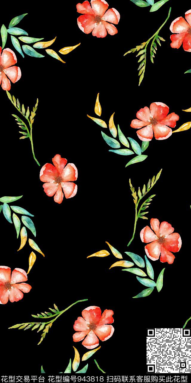 小碎花黑底花卉手绘花卉数码印花华亿平台下载（图片编号: 943818） - 瓦栏（Walan）