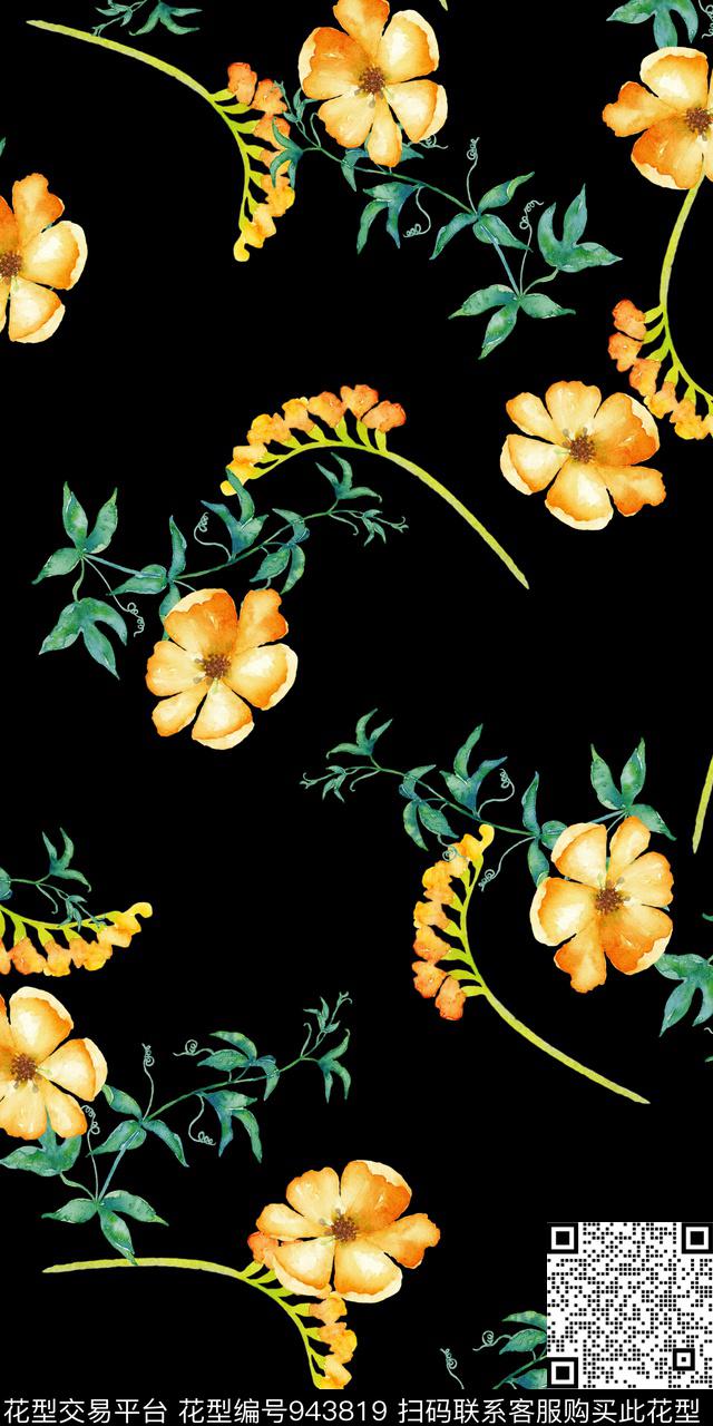 小碎花黑底花卉手绘花卉数码印花华亿平台下载（图片编号: 943819） - 瓦栏（Walan）