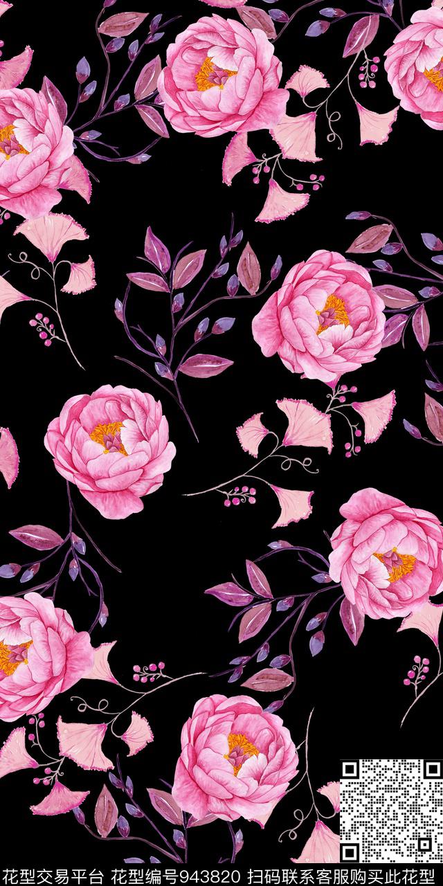 小碎花黑底花卉手绘花卉数码印花华亿平台下载（图片编号: 943820） - 瓦栏（Walan）