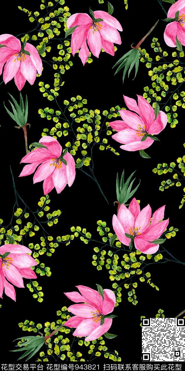 小碎花黑底花卉手绘花卉数码印花华亿平台下载（图片编号: 943821） - 瓦栏（Walan）
