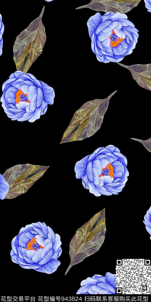 小碎花黑底花卉手绘花卉数码印花华亿平台下载（图片编号: 943824） - 瓦栏（Walan）