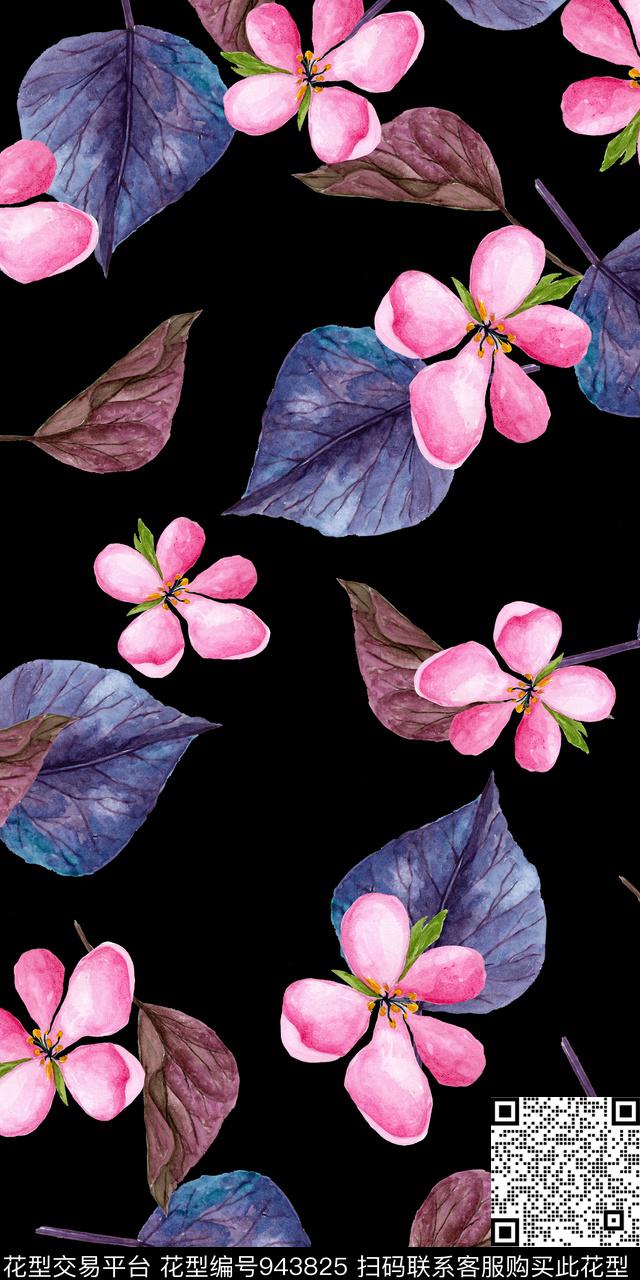 小碎花黑底花卉手绘花卉数码印花华亿平台下载（图片编号: 943825） - 瓦栏（Walan）