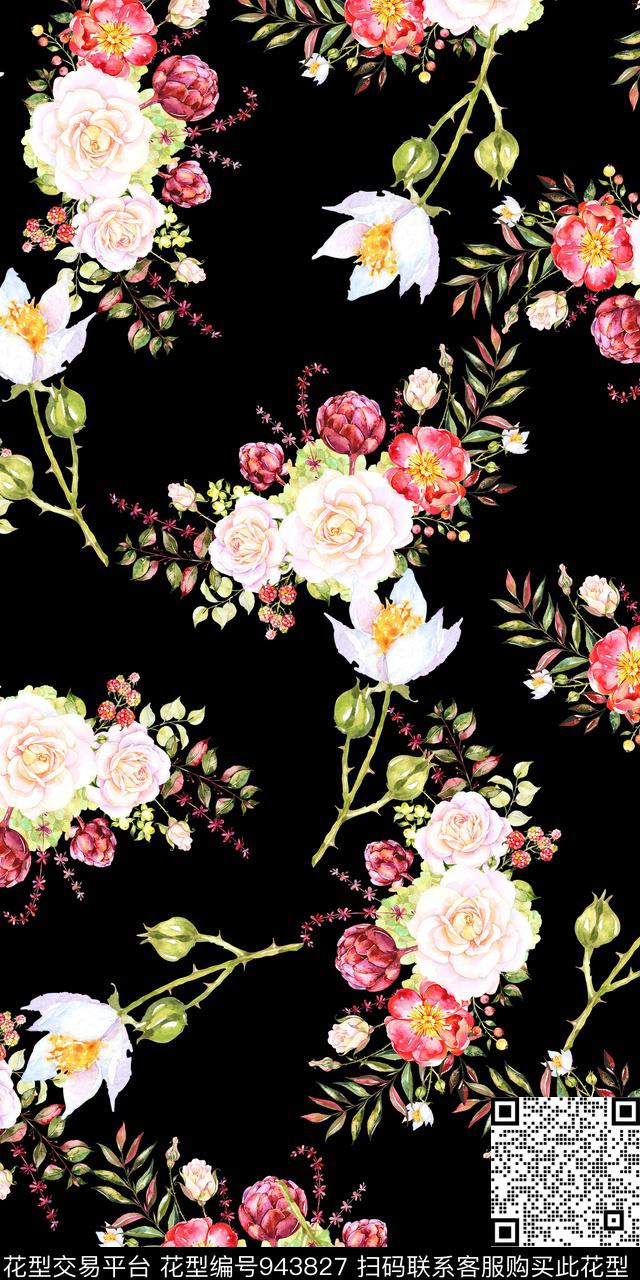 小碎花黑底花卉手绘花卉数码印花华亿平台下载（图片编号: 943827） - 瓦栏（Walan）