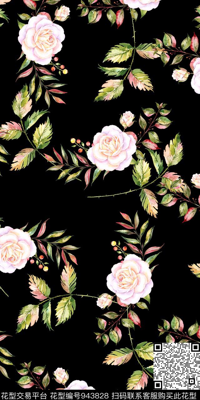小碎花黑底花卉手绘花卉数码印花华亿平台下载（图片编号: 943828） - 瓦栏（Walan）