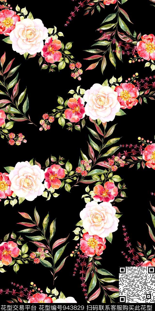 小碎花黑底花卉手绘花卉数码印花华亿平台下载（图片编号: 943829） - 瓦栏（Walan）