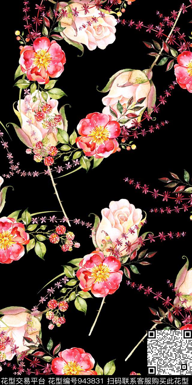 小碎花黑底花卉手绘花卉数码印花华亿平台下载（图片编号: 943831） - 瓦栏（Walan）