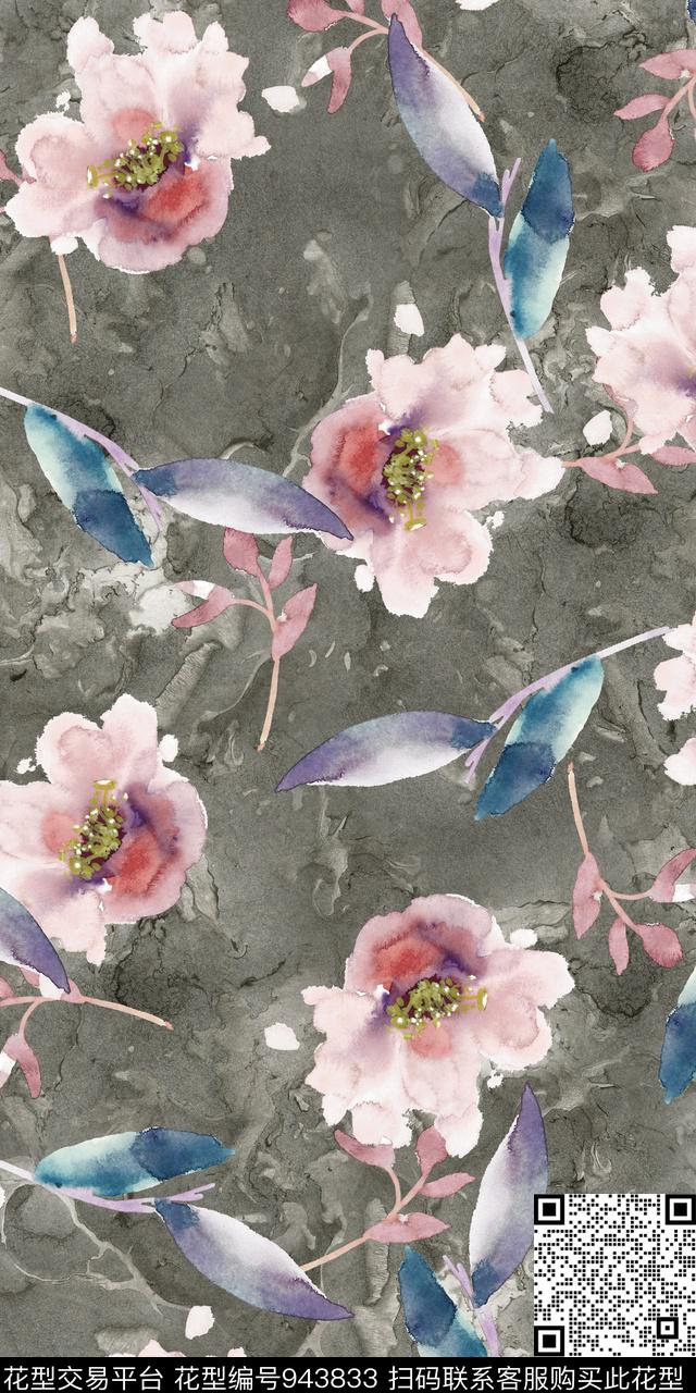 小碎花黑底花卉手绘花卉数码印花华亿平台下载（图片编号: 943833） - 瓦栏（Walan）