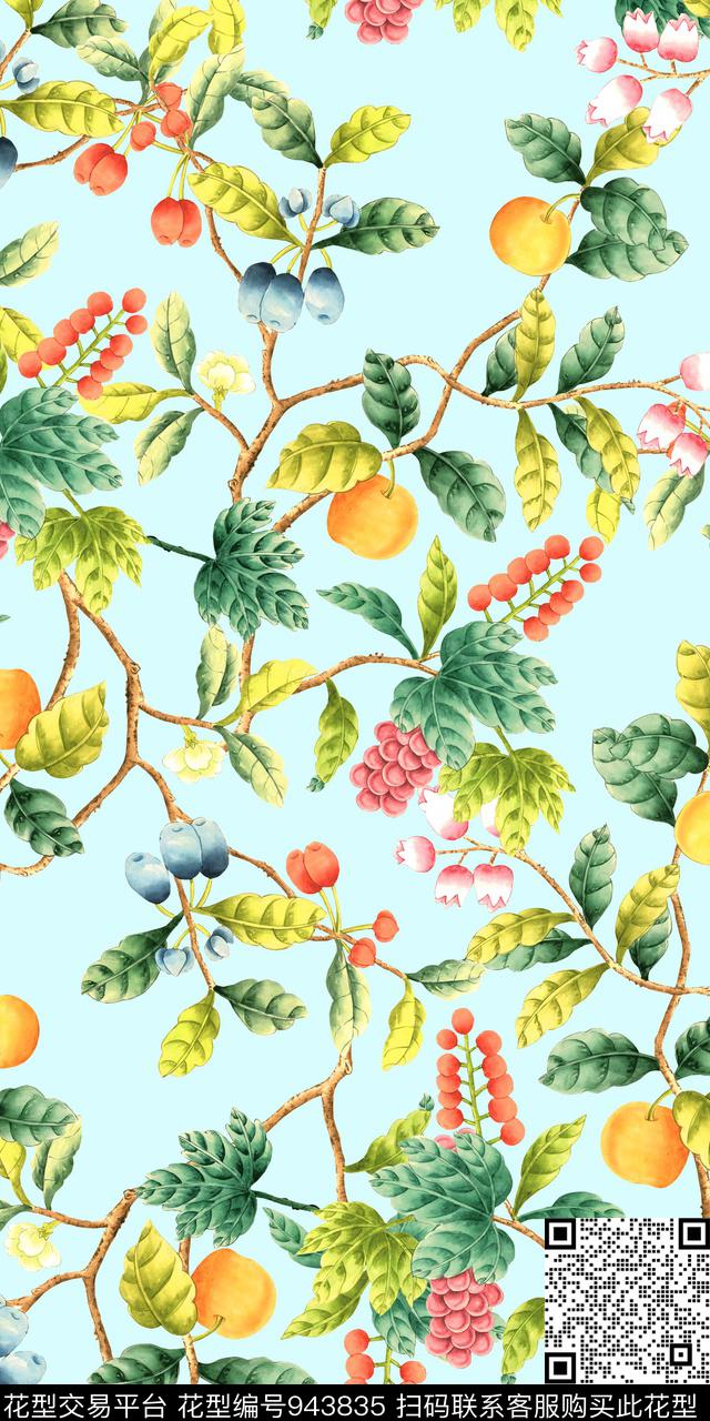 手绘花卉绿植树叶梨树数码印花华亿平台下载（图片编号: 943835） - 瓦栏（Walan）