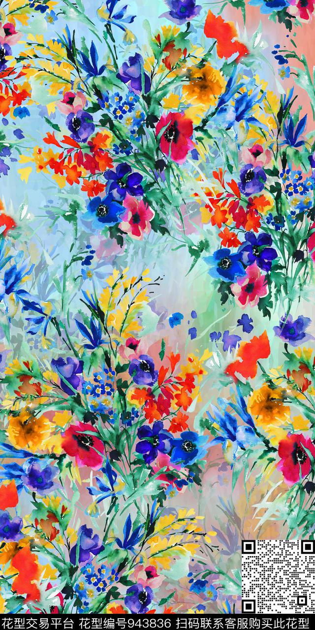 小碎花水彩花卉手绘花卉数码印花华亿平台下载（图片编号: 943836） - 瓦栏（Walan）