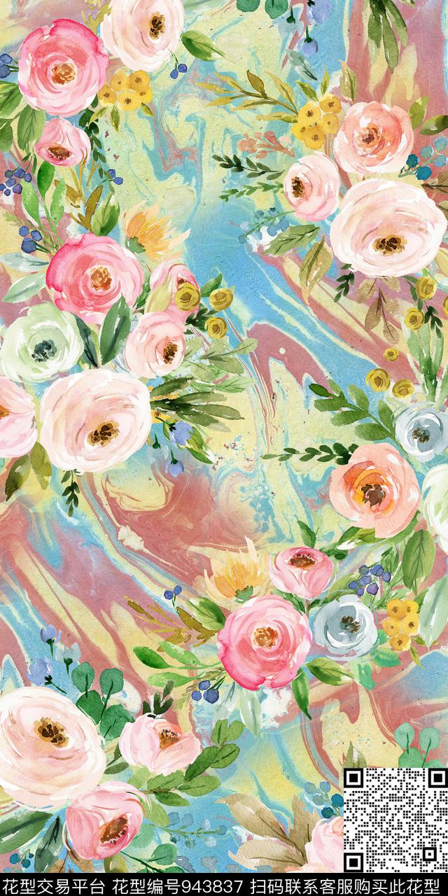 小碎花黑底花卉手绘花卉数码印花华亿平台下载（图片编号: 943837） - 瓦栏（Walan）