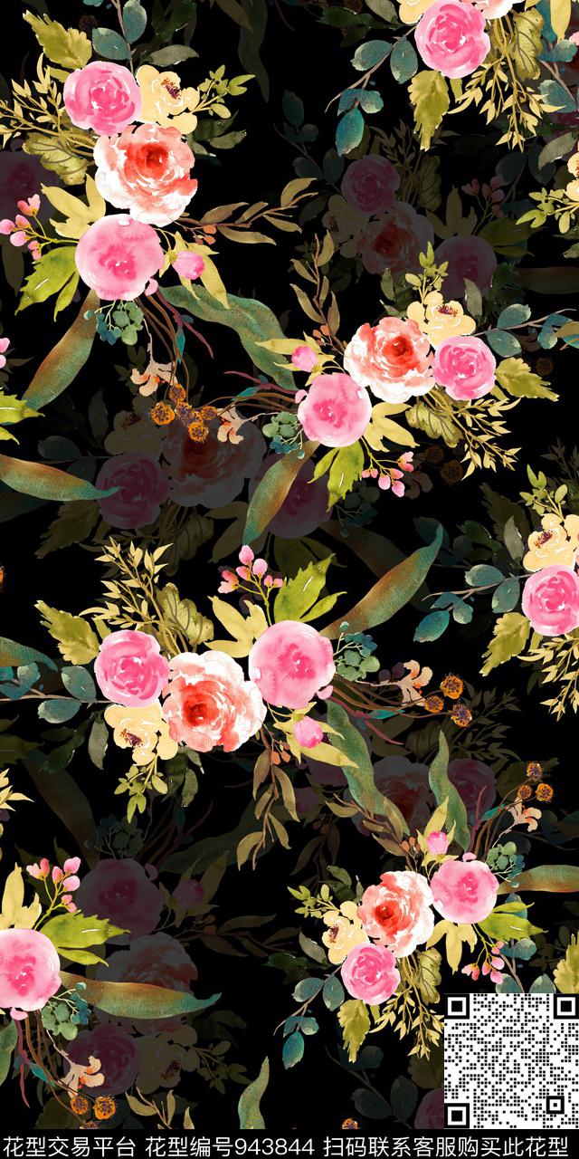 小碎花黑底花卉手绘花卉数码印花华亿平台下载（图片编号: 943844） - 瓦栏（Walan）