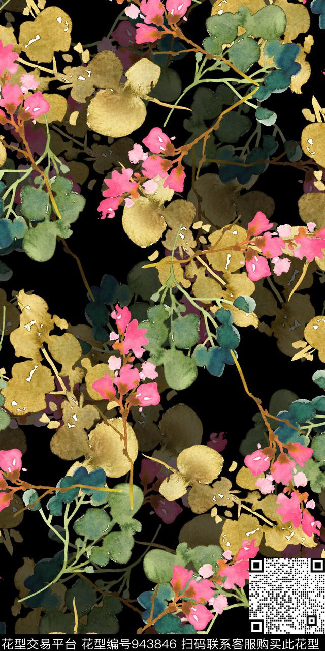 小碎花黑底花卉手绘花卉数码印花华亿平台下载（图片编号: 943846） - 瓦栏（Walan）