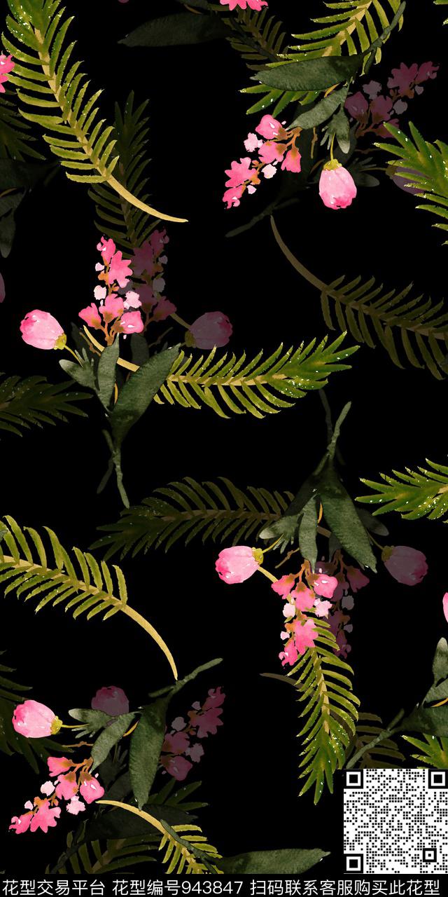 小碎花黑底花卉手绘花卉数码印花华亿平台下载（图片编号: 943847） - 瓦栏（Walan）