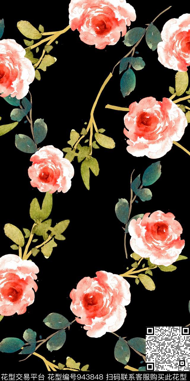 小碎花黑底花卉手绘花卉数码印花华亿平台下载（图片编号: 943848） - 瓦栏（Walan）
