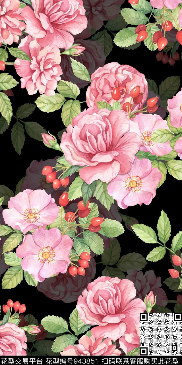 小碎花黑底花卉手绘花卉数码印花华亿平台下载（图片编号: 943851） - 瓦栏（Walan）
