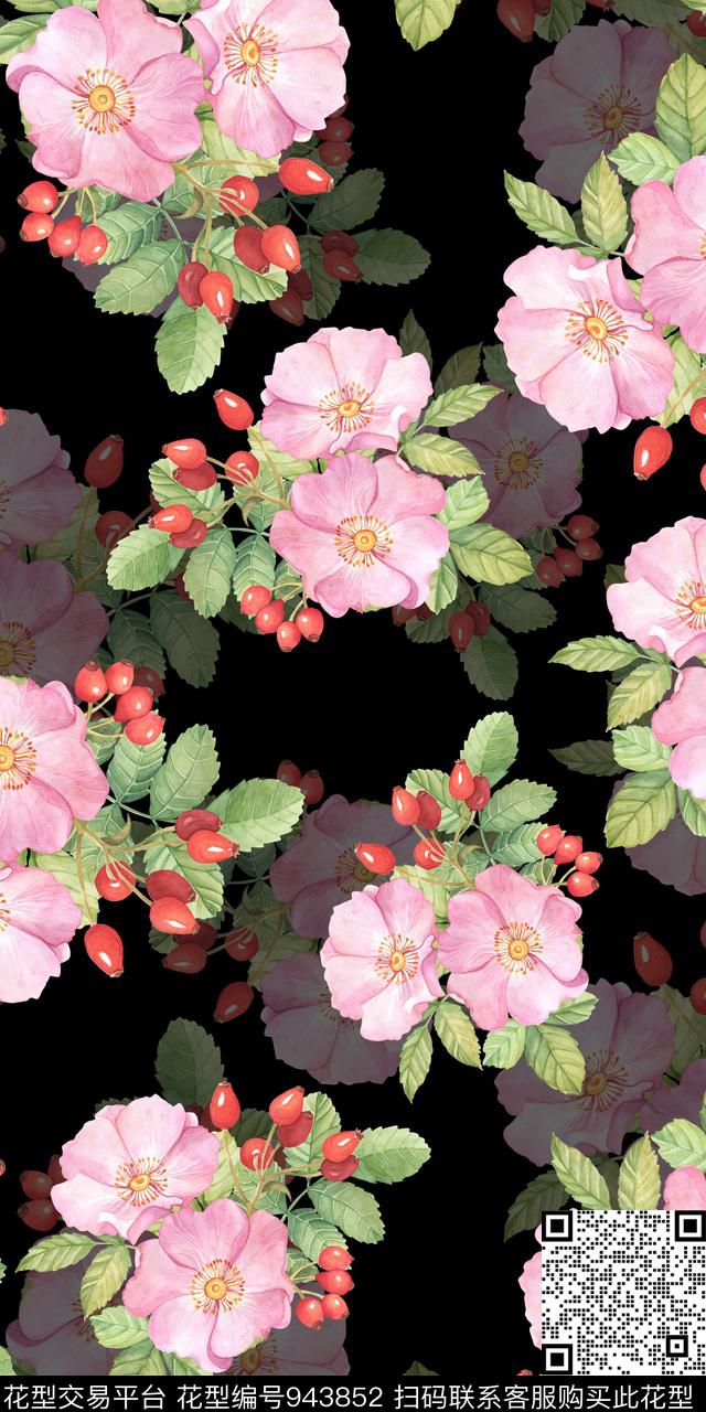 小碎花黑底花卉手绘花卉数码印花华亿平台下载（图片编号: 943852） - 瓦栏（Walan）