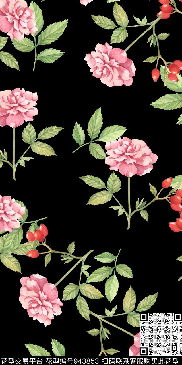 小碎花黑底花卉手绘花卉数码印花华亿平台下载（图片编号: 943853） - 瓦栏（Walan）