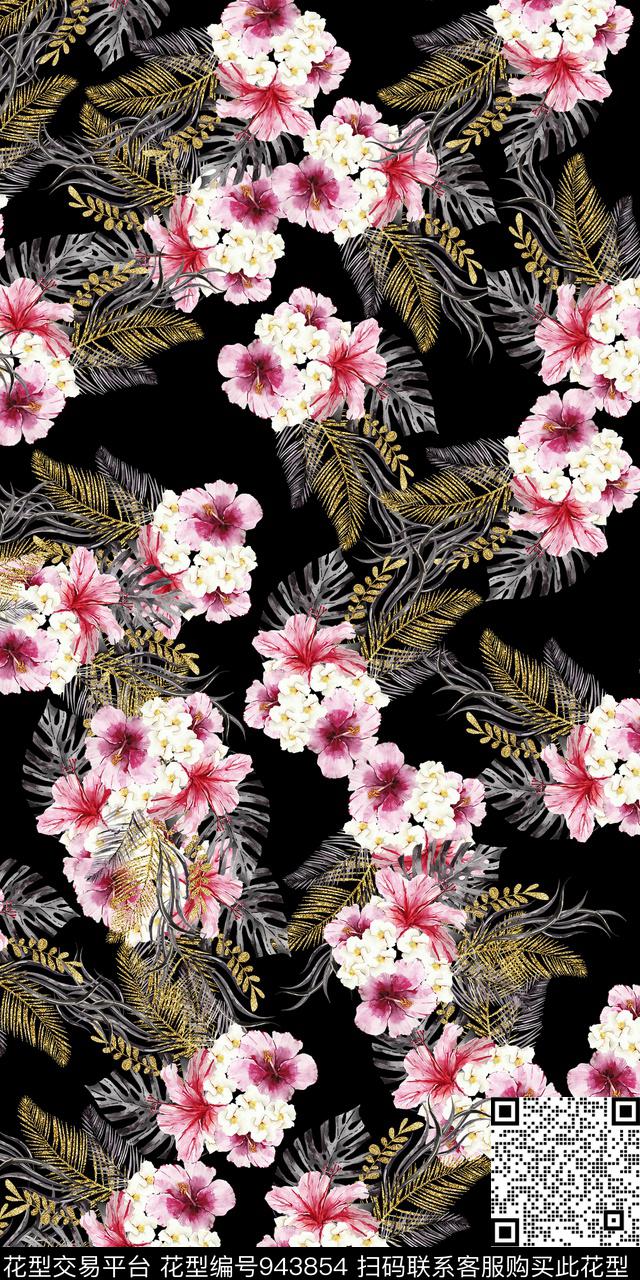 小碎花黑底花卉手绘花卉数码印花华亿平台下载（图片编号: 943854） - 瓦栏（Walan）