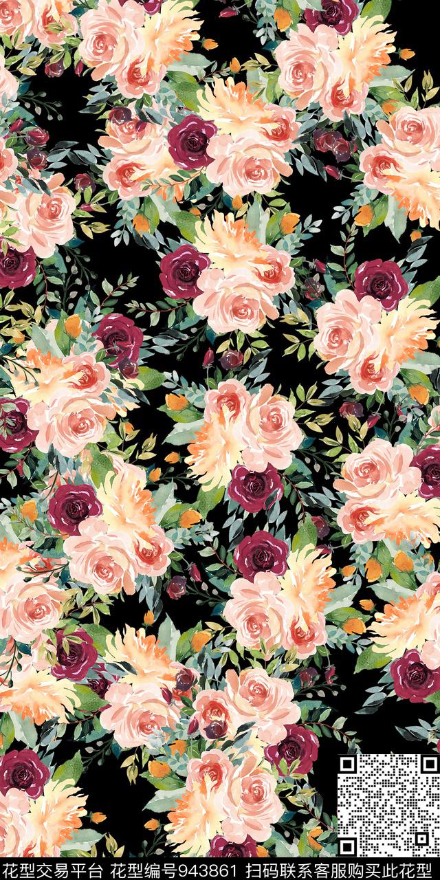 小碎花黑底花卉手绘花卉数码印花华亿平台下载（图片编号: 943861） - 瓦栏（Walan）