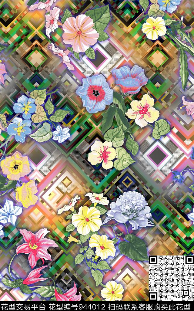 几何混合拼接格子数码印花华亿平台下载（图片编号: 944012） - 瓦栏（Walan）