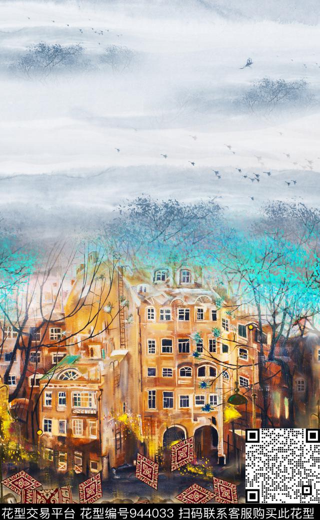 民族风建筑几何数码印花华亿平台下载（图片编号: 944033） - 瓦栏（Walan）