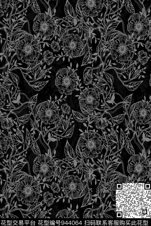黑白华亿平台男装花卉传统印花华亿平台下载（图片编号: 944064） - 瓦栏（Walan）