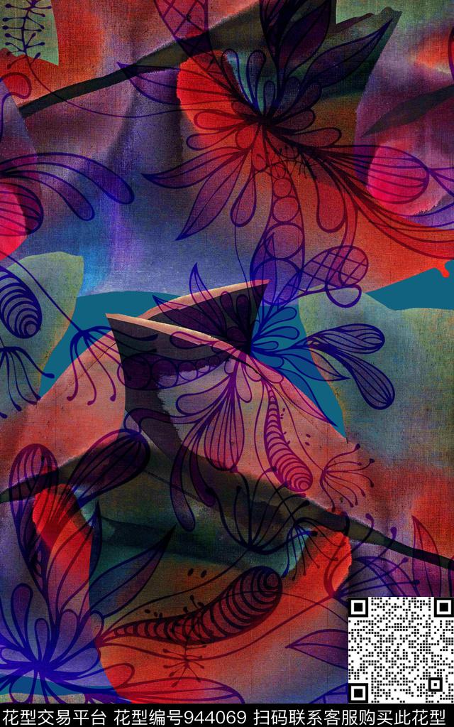 线条花卉几何数码印花华亿平台下载（图片编号: 944069） - 瓦栏（Walan）