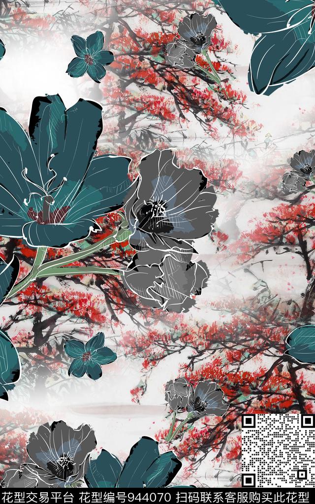 肌理花卉中国风数码印花华亿平台下载（图片编号: 944070） - 瓦栏（Walan）
